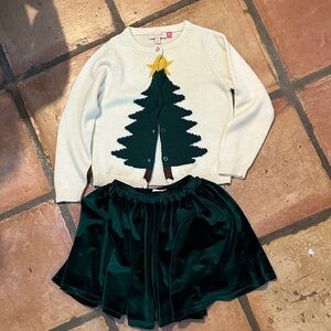 Pink Chicken Christmas Tree Cardigan and Velvet Skirt Set Size 6